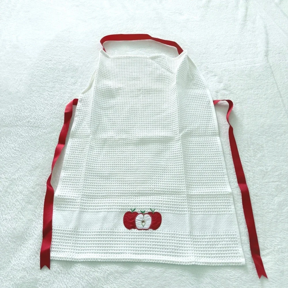 White Waffle Weave Bib‎ Apron Red Ties Embroidered Apple Fruit RN 75343 Turkey